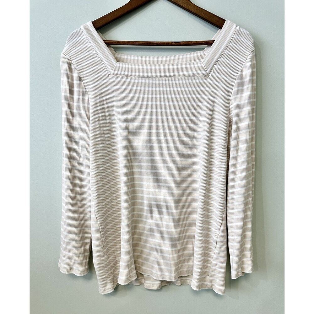 Chico’s Ribbed Square Neck Long Sleeve Tan Sz 2 (US L) Office Wear Soft Striped